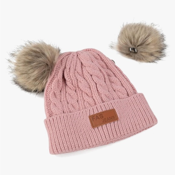 Infant Toddler Woolen Hat Cream Color Winter Twist Double Pom Pom Knitted Beanie - Picture 6 of 6